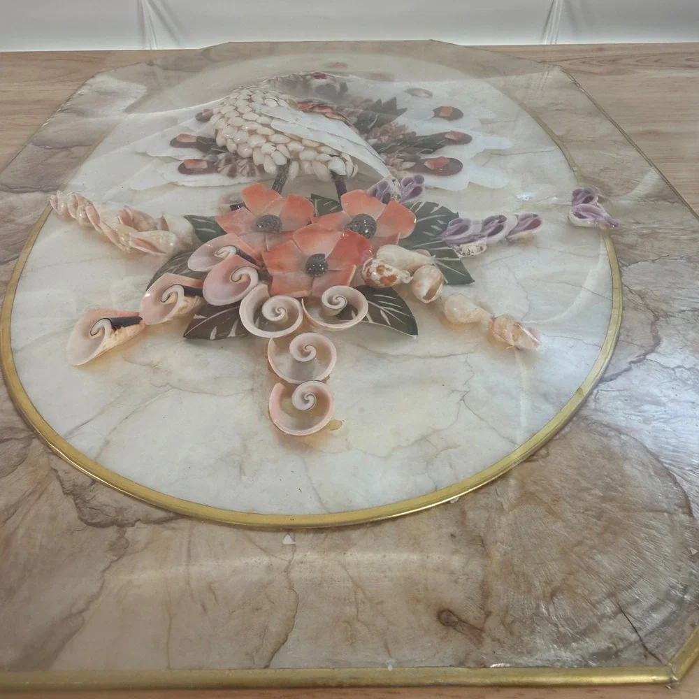 Vintage Mother of Pearl Seashell Mosaic Art Floral Peafowl Classic Wall Plaque